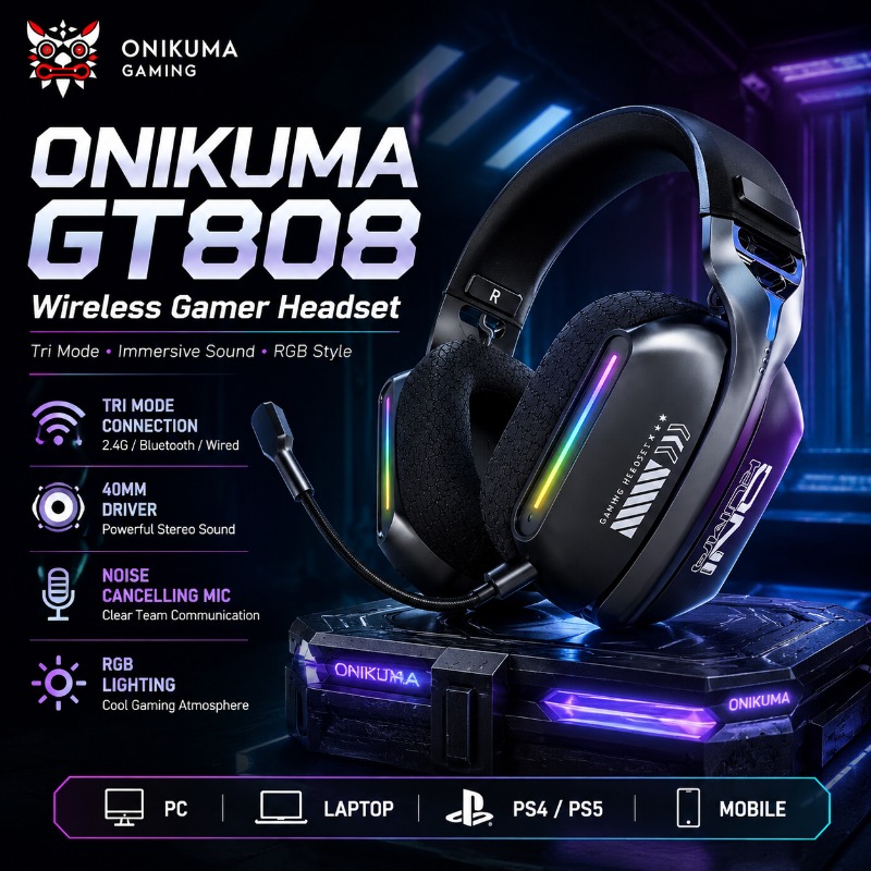 Esports Gaming Headphones - ONIKUMA GT808 Wireless Gaming Headset Tri