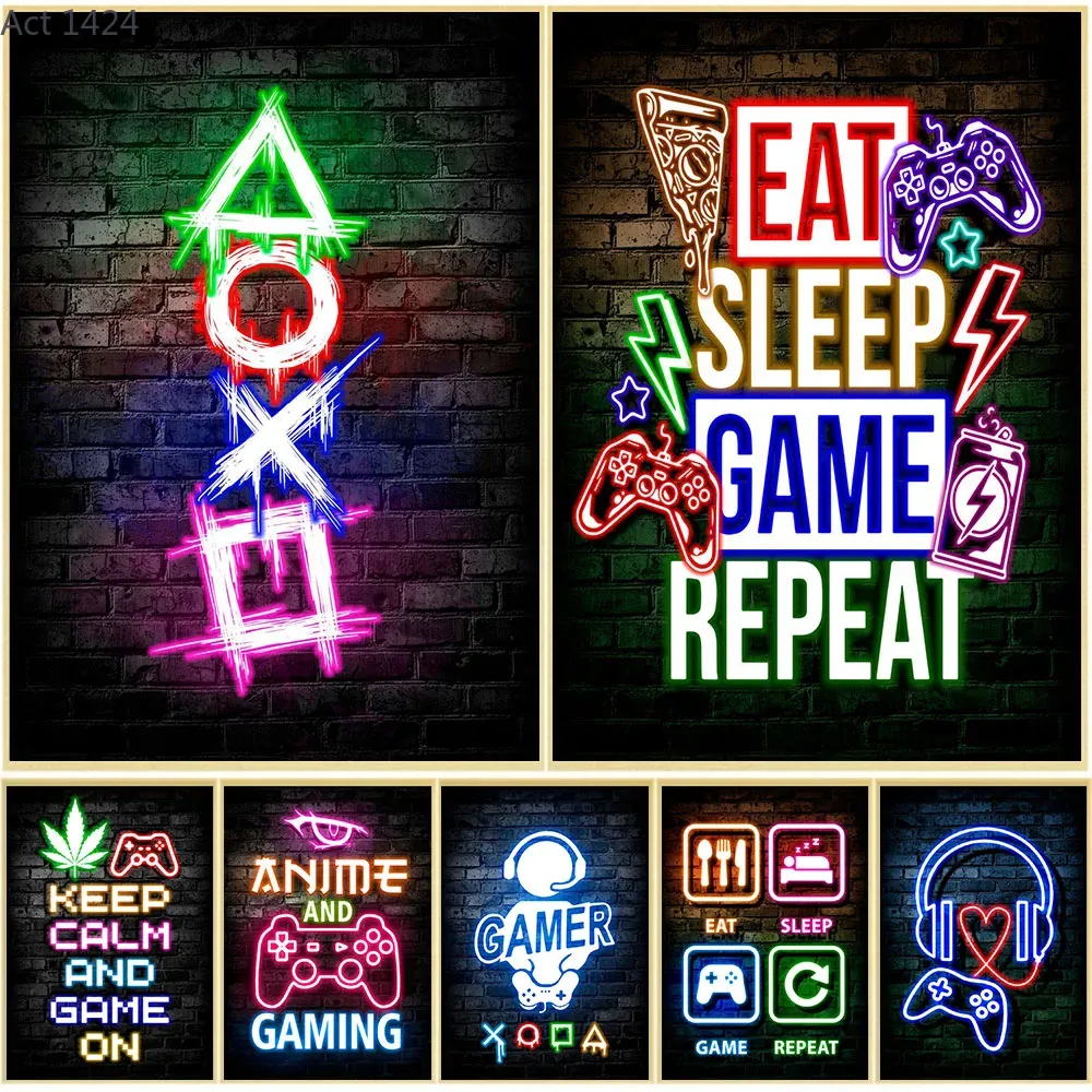 Gaming Neon Eat Sleep Game Rep - Esports Gaming Poster 评论和价格